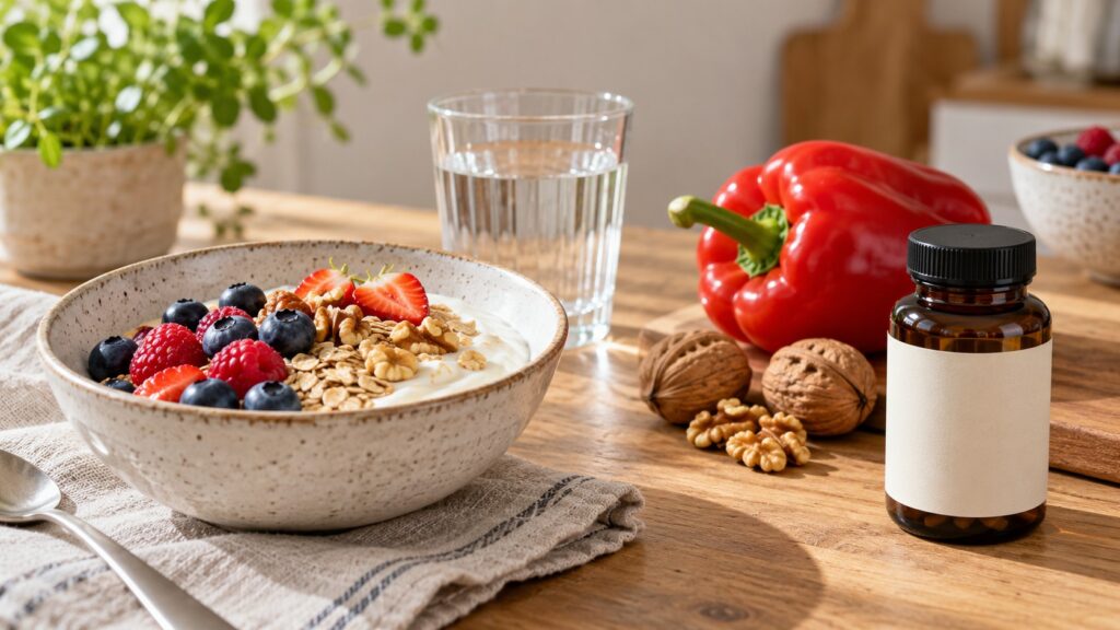 Joghurt mit Haferflocken und Beeren, Paprika, Walnüsse, Wasser und eine neutrale Präparatedose